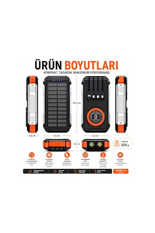 Fc-30 Solar Powerbank 30000 Mah, Pd 22.5w Hızlı Şarj, 15w Kablosuz Şarj, Güneş Panelli, Dahili Kablolu, Çift Led