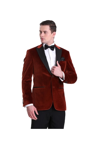 Hatemoğlu Kiremit Slim Fit Düz Sivri Yaka Kadife Klasik Smokin Damatlık 33 Kahverengi