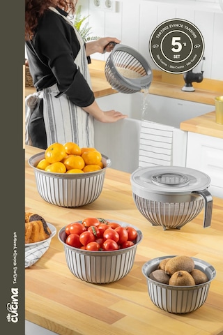 5 Parça Linea Çok Amaçlı Çeyiz Seti Gri 1x Mikser Kabı 3lt 1x 3 Boy Kase 1x Pirinç Süzgeçi 3lt Gri