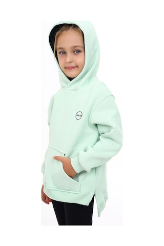 Toontoy Kız Çocuk Oversize Kapüşonlu Cepli Nakış Baskılı Yırtmaçlı Sweatshirt - 3 İplik Şardonlu Mint Yeşili