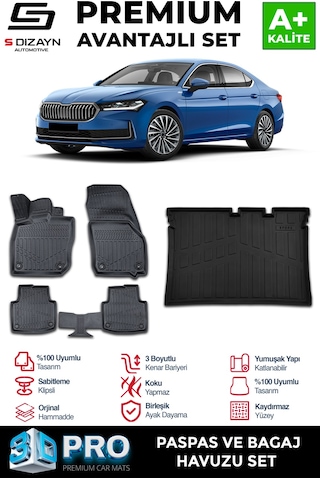 S-dizayn Skoda Superb 3d Pro Havuzlu Paspas Ve Bagaj Havuzu Seti 2'li Set 2024 Üzeri A+ Kalite