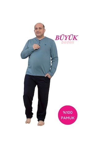 Guava Erkek Büyük Beden 3 Düğmeli %100 Pamuk Mevsimlik Uzun Kol Cepli Pijama Takımı Mavi