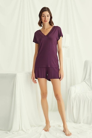 Monamise 18499 Kadın V Yaka Kısa Kollu Şortlu Pijama Takımı-bordo Bordo
