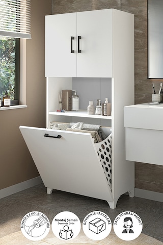Bofigo Çok Amaçlı Dolap Banyo Dolabı Kirli Çamaşır Sepeti Dolabı Damla Beyaz Beyaz