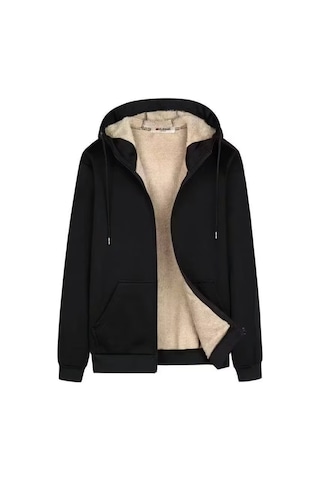 Erkek Kışlık Fermuarlı Kapüşonlu Hırka Sweatshirt Siyah