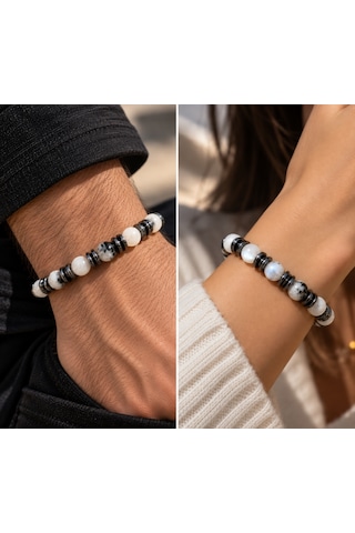 Ay Taşı Ve Hematit Taşlı Tasarım El Yapımı Unisex Bileklik Beyaz - Siyah