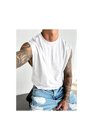 Thiff Erkek Oversize Kolsuz T-shirt Tişört Atlet Beyaz