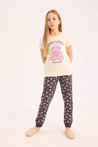 DeFacto Kız Çocuk Pijama Takımı Bisiklet Yaka Baskılı Kısa Kollu Üst Beli Lastikli Desenli Alt E0538A825SMER233 Ekru