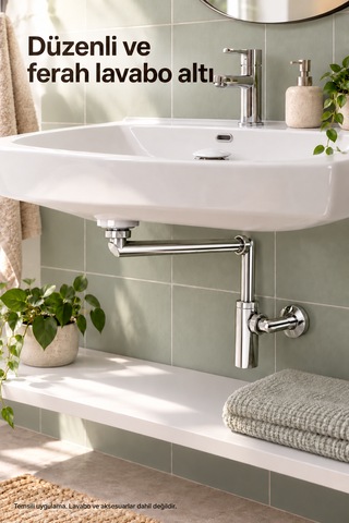 İz Yapı Luna Krom Sifon Seti Elixir Beyaz Seramik Pop-up Taşma Delikli Lavabo Sifonu