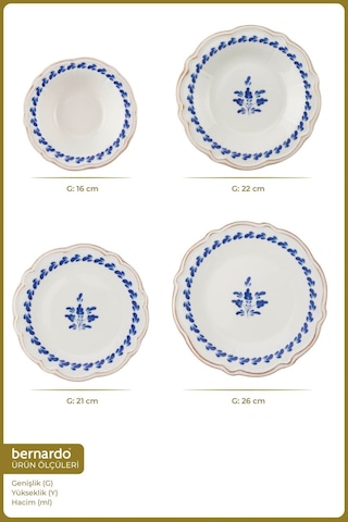 Bernardo Blue Flower 24 Parça 6 Kişilik Yemek Takımı Beyaz