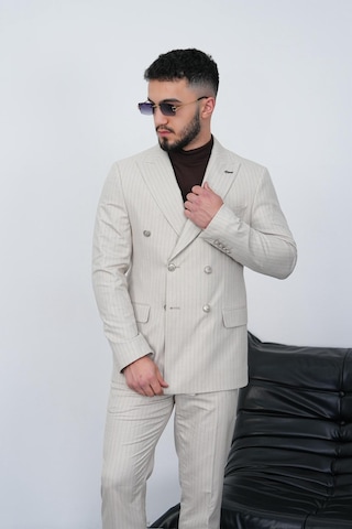 Dupont Classics Dupont Slim Fit Sivri Yaka 6 Drop Çift Yırtmaç Çizgili Viskon Kruvaze Erkek Takım Elbise Krem