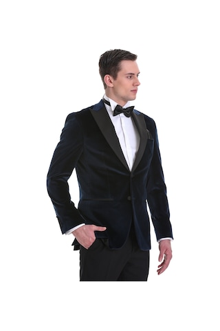 Hatemoğlu Lacivert Slim Fit Düz Sivri Yaka Kadife Klasik Smokin Damatlık 3 Lacivert