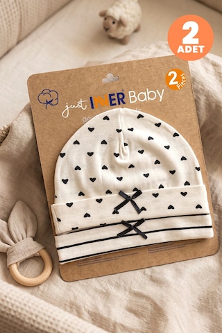 Just Inner Kız Bebek 2'li Pamuklu Bere Kalpli Çizgili Esnek Ve Konforlu 684504 Krem