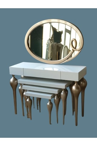 Dresuar-ZİGON TOMBUL İmza Oval ayna Model Ahşap Kayın torna MDF Tabla Parlak GOLD-Beyaz Boya UYUMU Ahşap