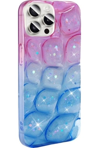 Apple Uyumlu iPhone 15 Pro Max Kılıf Simli 3d Desenli Zore Hacar Kapak Pembe-Mavi