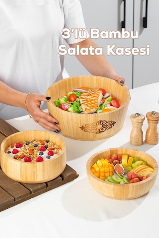 Porsima 3lü Doğal Bambu Salata Kasesi Seti Bambu