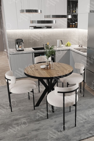 Avvio Lonya Teddy Sandalye 90x90 Yuvarlak Yemek Masası Mutfak Masası 4 Kişilik Masa Sandalye Takımı Akça