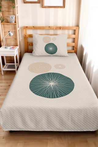 Geometrik Krem Genç Odası Tek Kişilik Pike Takımı - Petrol Hardal 160x220 Cm Kapitone Yatak Örtüsü Keten Saman Zemini