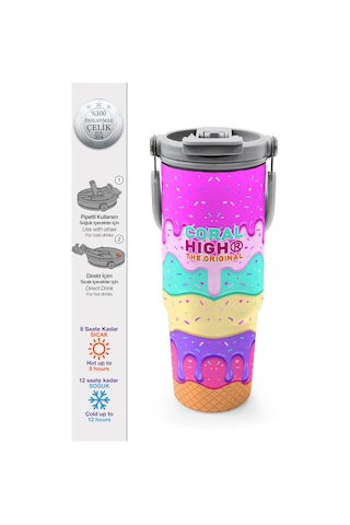 Coral High Dondurma Desenli Pipetli Ve Direkt İçim Çelik Termos 900 Ml 38741 Çok Renkli