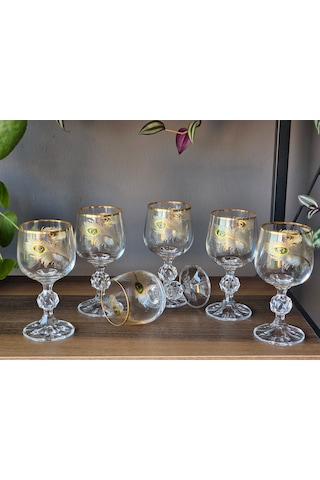 Fermato 6 'lı 24k El İşçiliği - Gerçek Altın İşlemeli 150 Cc'lik Kahve Yanı Kristal Bardak Peacock Gold Çok Renkli