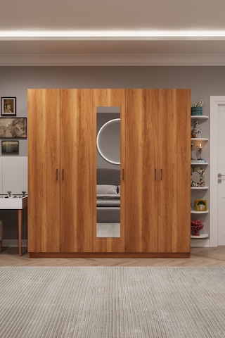 Asra Trend 5 Kapaklı Gardırop G-04 %100 MDF 2 Çekmeceli Aynalı Elbise Dolabı Petra