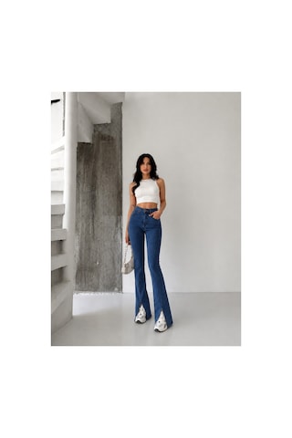 Kene Jeans Mavi Ön Bacak Pens Yırtmaçlı Esnek İspanyol Paça Pantolon Mavi