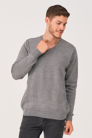 V0036 Dewberry Erkek V-neck Kazak-gri Gri