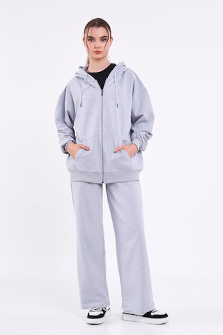 Kadın Gri Normal Kalıp Basic Beli Lastikli Kapüşonlu Oversize Mevsimlik Alt Üst Eşofman Takımı Cmre7367 Gri