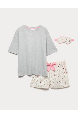 Marks & Spencer Saf Pamuk Desenli Kısa Pijama Takımı T37002241J Gri