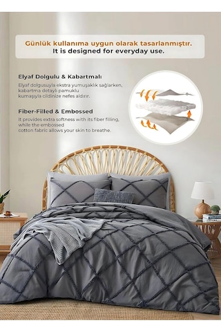 Evlen Home Pamuklu Aimar Yatak Örtüsü Takımı Tek Kişilik Günlük Boho 2 Parça Elyaf Dolgulu Antrasit Koyu Gri Antrasit