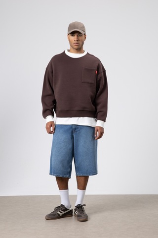 Vamos Bisiklet Yaka Cep Detaylı Oversize Sweatshirt Kahve