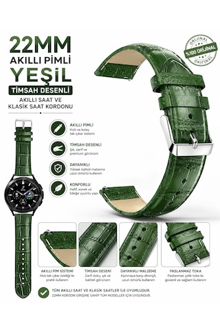 22mm Yeşil Krokodil Baskılı Deri Saat Kordonu Akıllı Pimli 46mm Saat Uyumlu Kayış