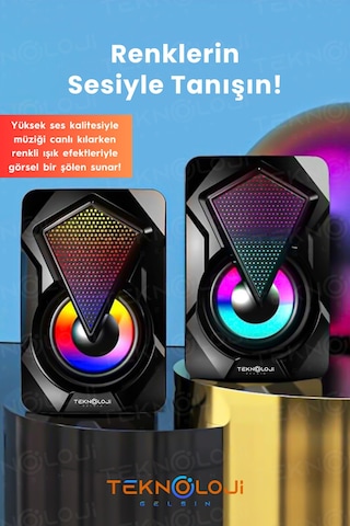 Bilgisayar Hoparlörü Led Işıklı Rgb Laptop Pc Uyumlu 1+1 Speaker