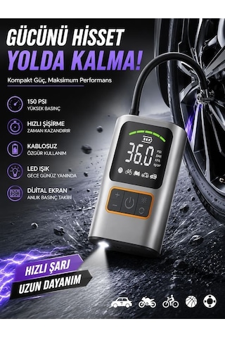 150psı 3600mah Dijital Taşınabilir Araç Hava Kompresörü Powerbank