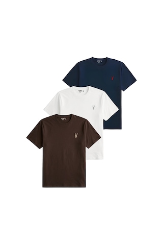 Genius Store Erkek Siyah Tişört %100 Pamuk Süprem Basic Tişört Bisiklet Yaka Nakışlı T-shirt Erkek-3lü Kahverengi-beyaz-lacivert