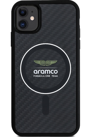 Apple Uyumlu iPhone 11 Kılıf Aston Martin Lisanslı Magsafe Uyumlu Renkli Halka Ve Karbon Fiber Kapak Siyah-gümüş -