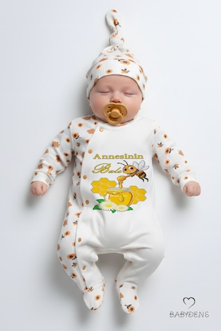 Babyden's Annesinin Balı Yazılı Yenidoğan Bebek Tulumu Şapka Seti Arı Desenli Unisex Çıtçıtlı Bebek Tulum Ekru - Çok Renkli