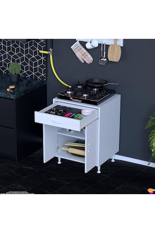 Modilayn Qplas M Set Ocak Altı Dolap 65x88x48 Cm. Çekmeceli, Kapaklı, Raflı Ve Baharat Raflı Beyaz