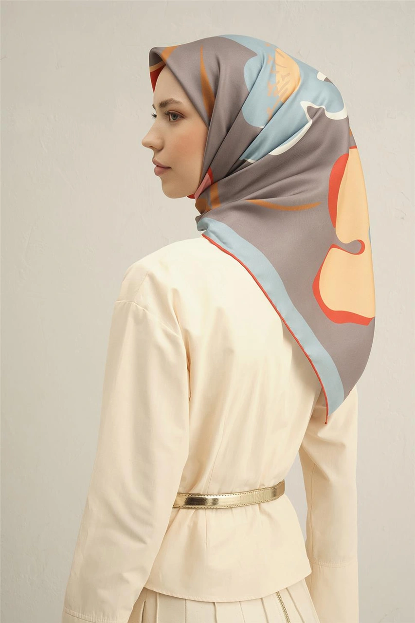 Armine Çiçek Desenli Saf İpek Twill Eşarp 9317d 03 Gri