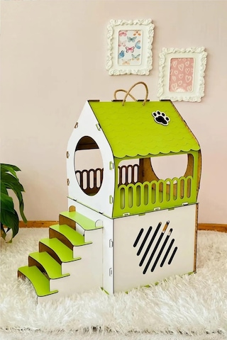 Dekoratif Ahşap Kedi Evi Teraslı 2 Katlı Merdivenli Kedi Evi 70 x 40 x 75 CM