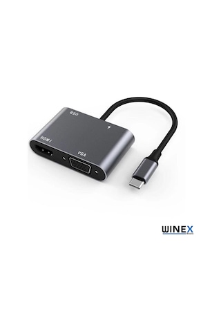Winex 4In1 Type-C To Hub Pd 65W Hdtv Vga Usba Dönüştürücü Adaptör