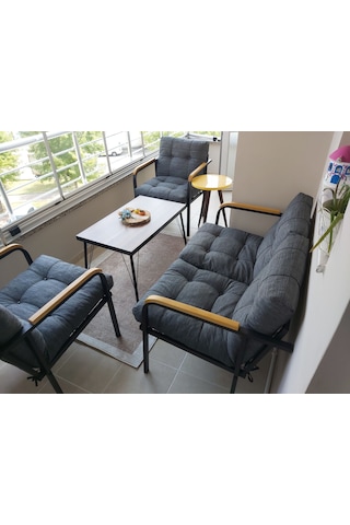 Modern Jüpiter Balkon, Bahçe, Cafe - Metal Kanepe Koltuk Takımı - 2+1+1 + Sehpa Antrasit Modernsh59 Antrasit