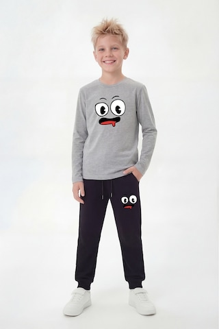 Panios Kids Yuvarlak Yaka Sweatshirt Paça Lastikli Eşofman Alt Baskılı Uzun Kollu Erkek Çocuk Alt Üst Takım Gri