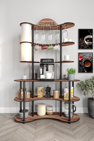 Brew-blıss Mutlu Kahve Köşesi-çok Amaçlı Mutfak Rafı Madran Ceviz-lambader Aydınlatmalı Ceviz