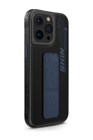 Apple Uyumlu iPhone 15 Pro Max Kılıf Skinarma Standlı Deri Görünümlü Slate Kapak Mavi