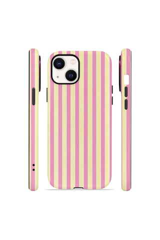 Apple iPhone Uyumlu 13 Vorian Çift Katmanlı Magsafe Kılıf Pink Lemon Pinstripe