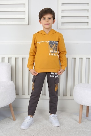 Moving Forward Kargo Cep Kapüşonlu 2 İplik Şardonlu Alt-üst Erkek Çocuk Eşofman Takımı Hardal