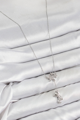 Pirinç Zirkon Taşlı Sallantılı Ayıcıklı Yıldız Model Gümüş Renk Kadın Kolye Çok renkli