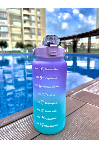 Motivasyonel Su Matarası Mor Suluk 2 Litre Spor Salonu Su Şişesi + Sticer