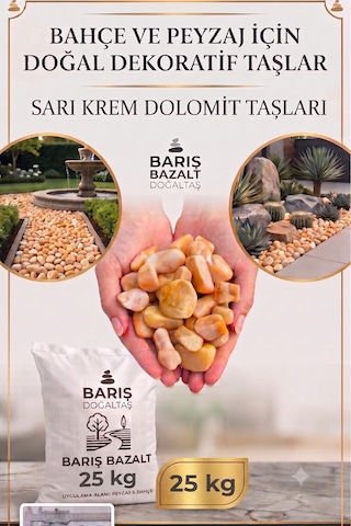 Premium Sarı Krem Dolomit Taşı 25 Kg- 1-2 Cm Boyutlarında Doğal Dekoratif Bahçe Peyzaj Saksı Taşı Yuvarlak Dolomit Taşı